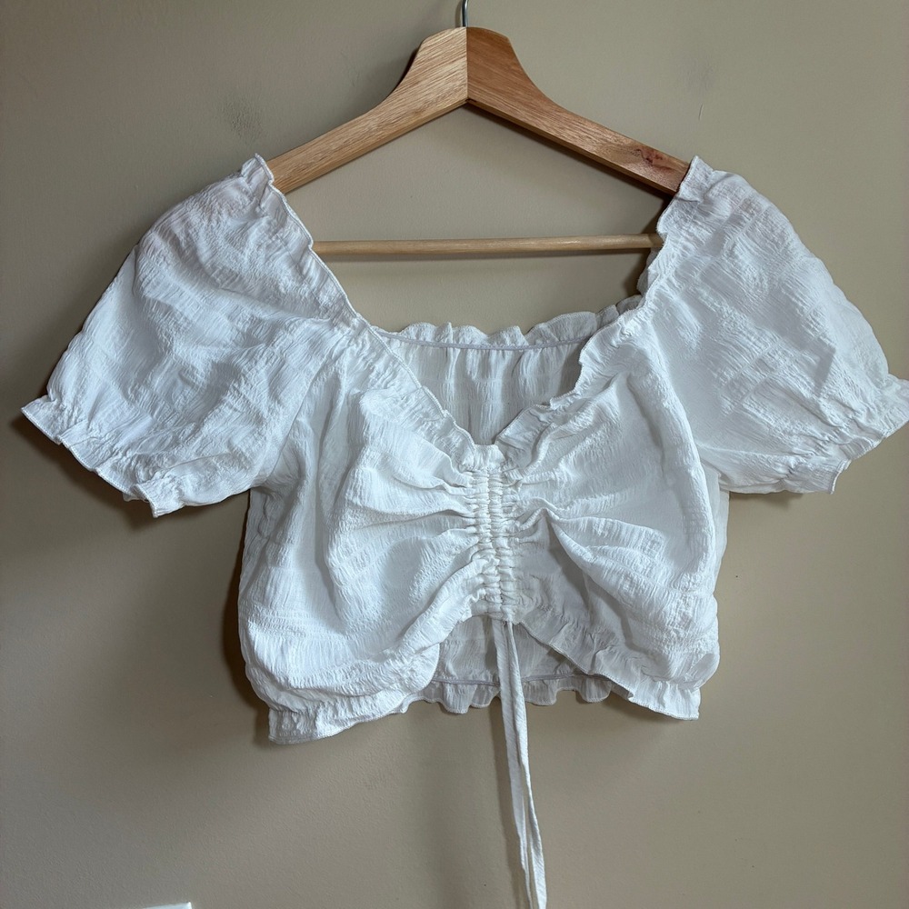 Unbranded Ruched Front Puff Sleeve Crop Top S White Womens Textured Blouse